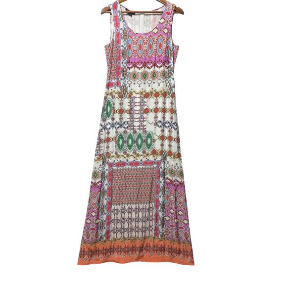 Paperwhite Silk Slip Maxi Dress Women's 6 Boho Tribal Print Sleeveless A-Line - Picture 1 of 7